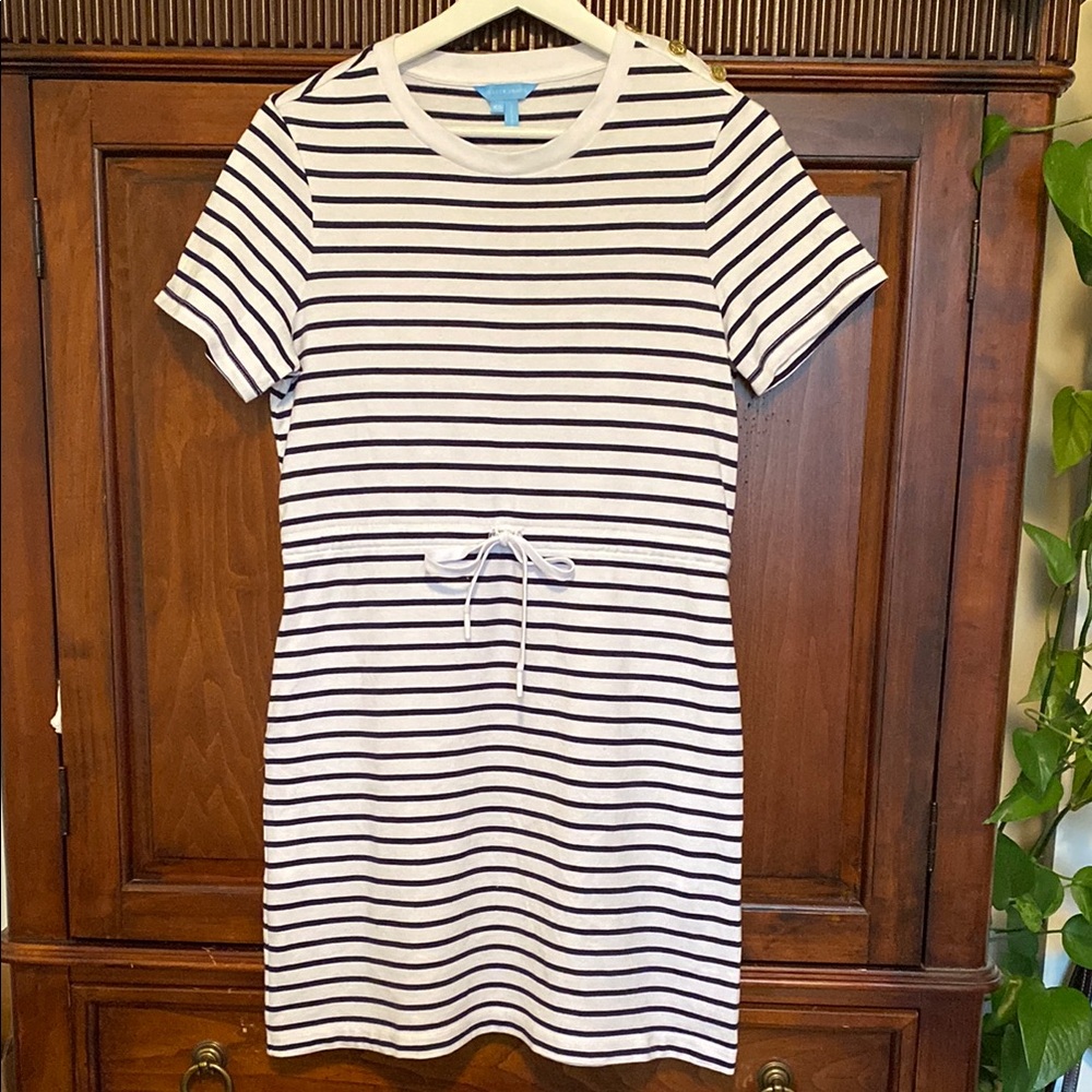 Draper James Nassau Navy Mariner Stripe Tie Waist nautical T dress 100% cotton
